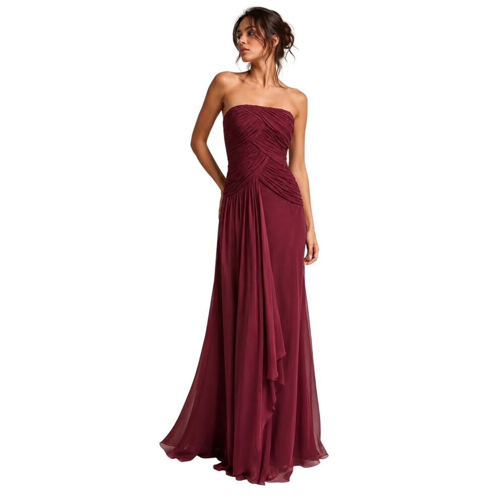Carmen Marc Valvo Strapless Party Formal Wedding Maxi Dress Burgundy Size 6